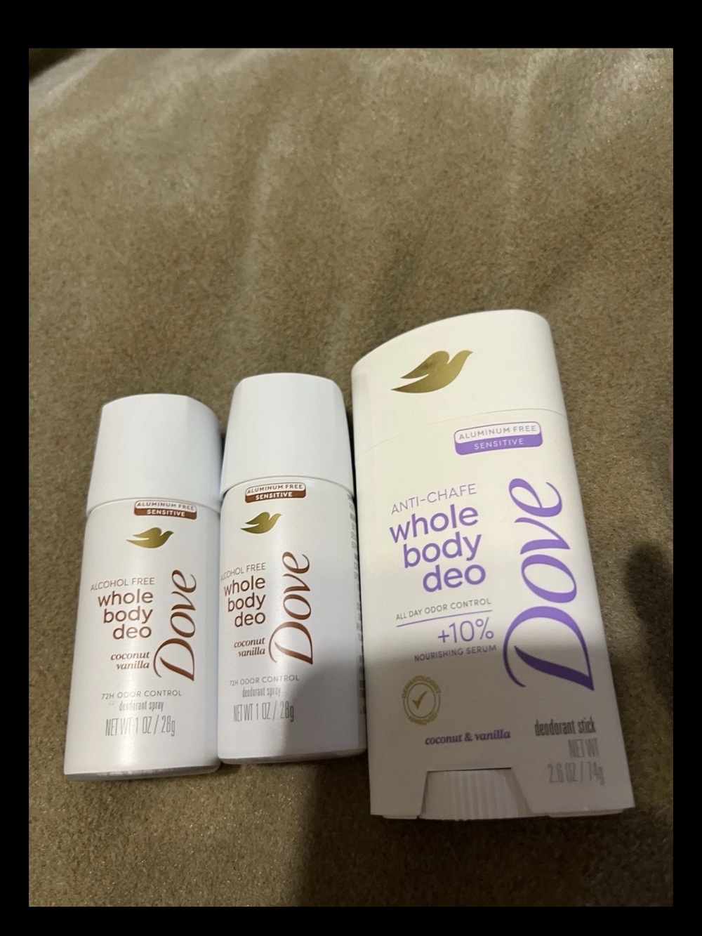 1 Dove Whole Body Deodorant Stick Coconut and Vanilla 2.6 oz. and 2 Sprays 1 oz.